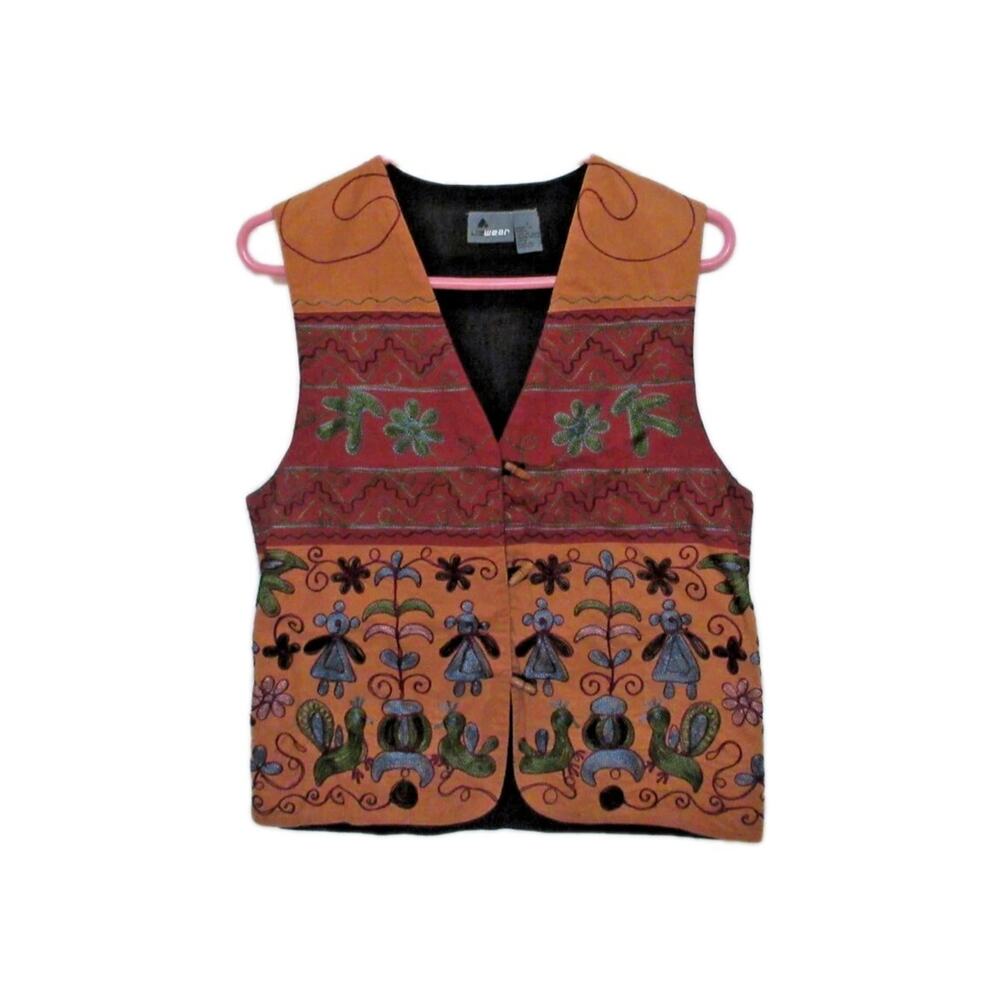 VINTAGE LIZ WEAR EMBROIDERED FLORAL VEST TOGGLE BUTTONS SIZE Small BOHO HIPPIE